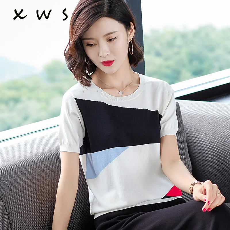 summer Contrast Color Women Sweater Casual short Sleeve thin Pullovers Women O-Neck Knitted Tops Women Jumper Femme Soft
summer Contrast Color Women Sweater Casual short Sleeve thin Pullovers Women O-Neck Knitted Tops Women Jumper Femme Soft