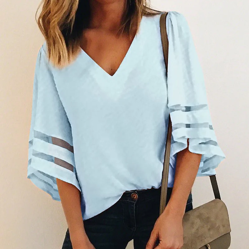 New Ladies Mesh Stitching 3/4 Sleeve Tops Casual Holiday Blouse Shirt Women Summer Loose V Neck Tops Female Blusas Tunic Shirts
New Ladies Mesh Stitching 3/4 Sleeve Tops Casual Holiday Blouse Shirt Women Summer Loose V Neck Tops Female Blusas Tunic Shirts