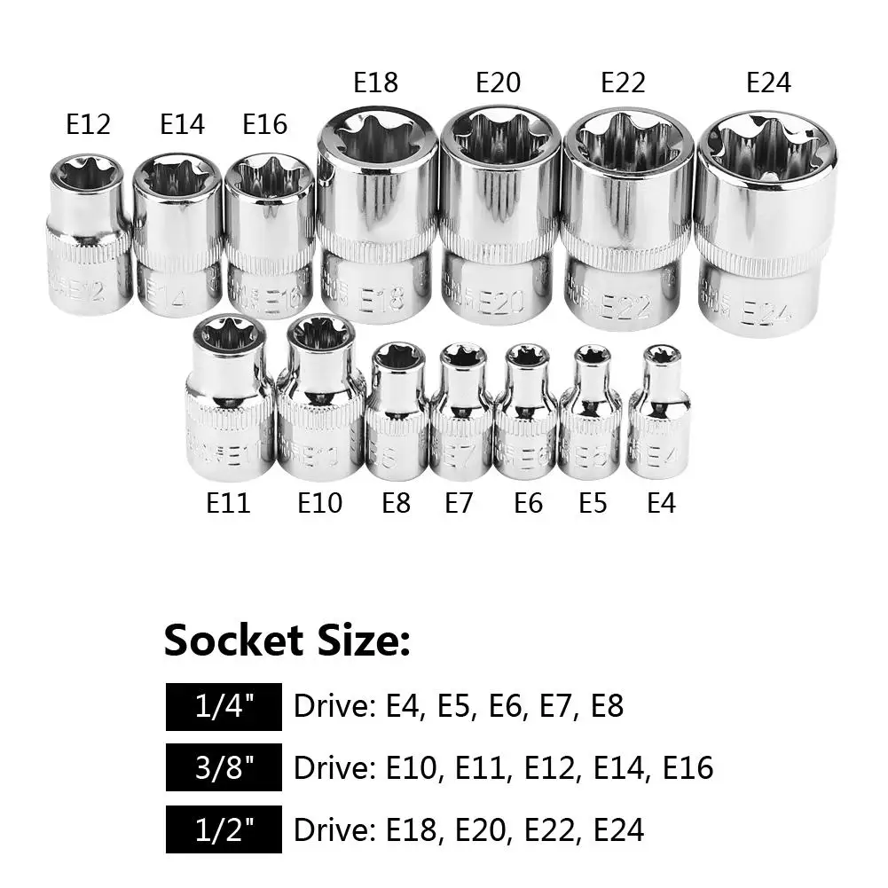 14Pcs E-Type Torx Star Bit Socket Set E4-E24 1/4" 3/8" 1/2" Drive Repair Tool Kit New
14Pcs E-Type Torx Star Bit Socket Set E4-E24 1/4" 3/8" 1/2" Drive Repair Tool Kit New