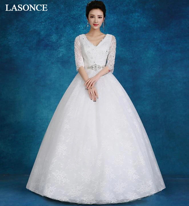 LASONCE Crystal Sash Ball Gown Wedding Dresses V Neck Illusion Lace Appliques Three Quarter Sleeve Backless Bridal Gowns
LASONCE Crystal Sash Ball Gown Wedding Dresses V Neck Illusion Lace Appliques Three Quarter Sleeve Backless Bridal Gowns