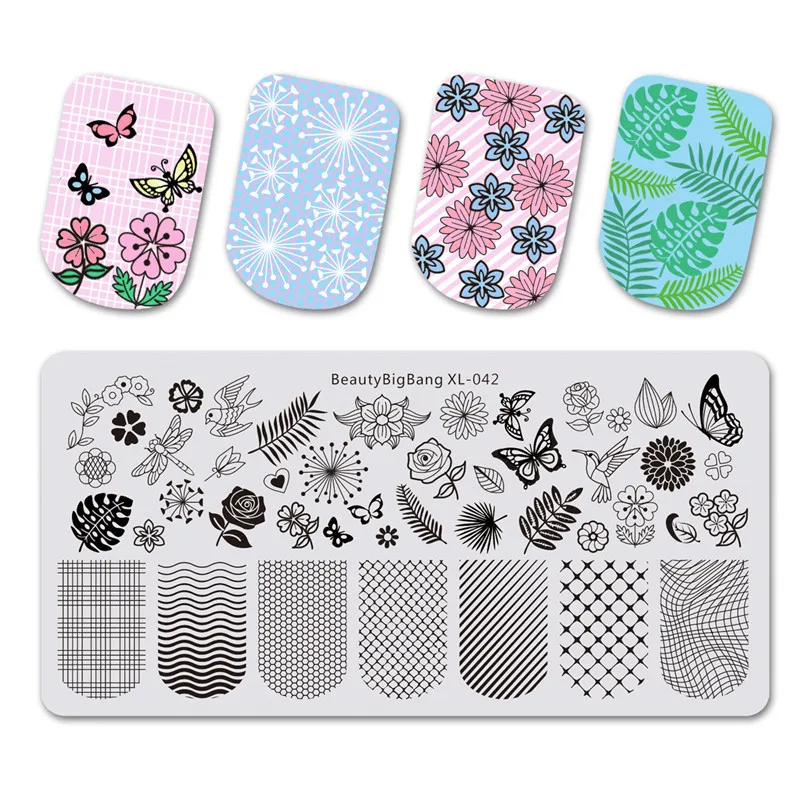 

BeautyBigBang Nail Stamping Plates Square Flower Butterfly Grid Image Stamping Plates For Nails Template Nail Art BBB XL-042