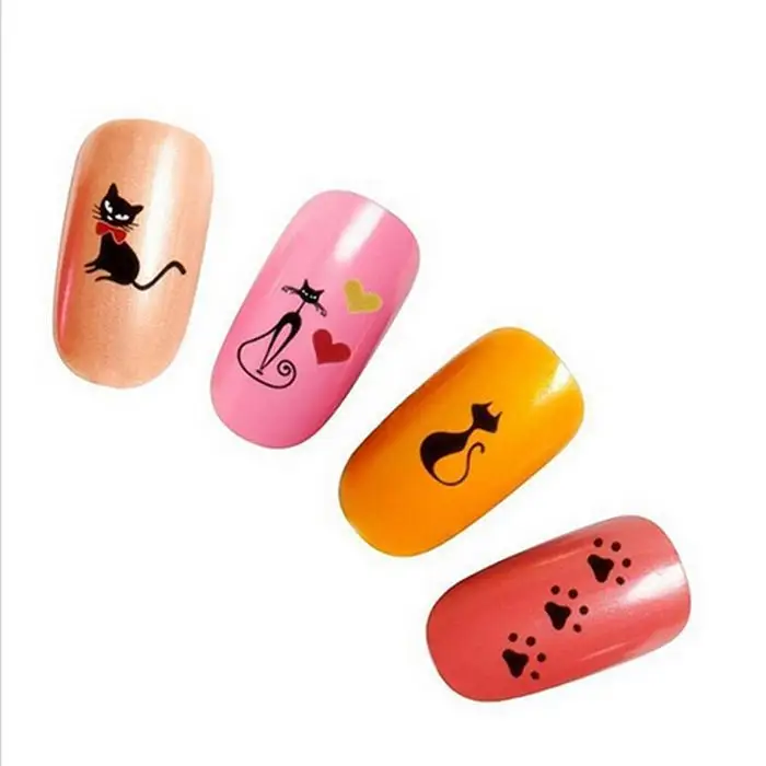 Черный милый кот дизайн передачи воды стикеры 3D на ногти Nail Art Наклейки все типы
