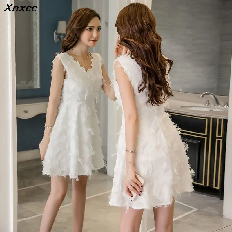 Summer Fashion Women Sexy V Neck Vest Elegant Dress Vintage Dress White Tassel Feather Slim Sleeveless Party Mini Dresses Xnxee
Summer Fashion Women Sexy V Neck Vest Elegant Dress Vintage Dress White Tassel Feather Slim Sleeveless Party Mini Dresses Xnxee