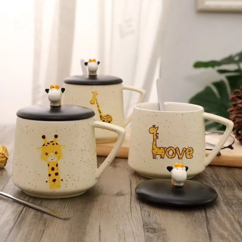 

480ml Cartoon Giraffe Zebra Ceramics Mug With Spoon And Lid Coffee Milk Tea Breakfast Cups Novelty Gifts Mug