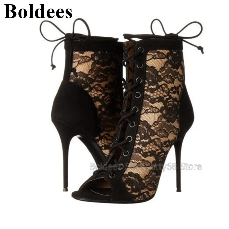 Fashion Black Lace Peep Toe Thin High Heel Sandal Boots Women Lace Up Cross Tied High Heel Shoes Spring Lace Women Short Boot
Fashion Black Lace Peep Toe Thin High Heel Sandal Boots Women Lace Up Cross Tied High Heel Shoes Spring Lace Women Short Boot