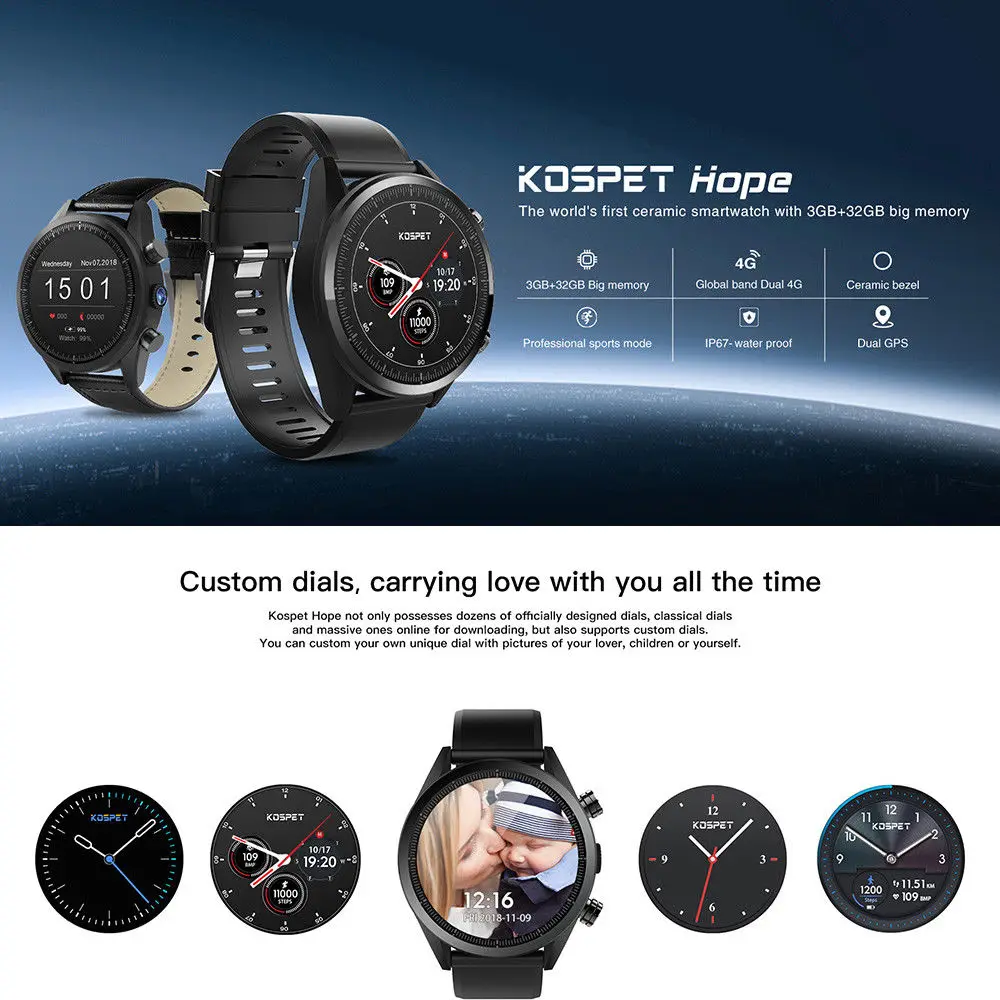 Kospet Hope 3G + 32G 4G-LTE SmartWatch 1 39 ɺMOLED WIFI GPS/ГЛОНАСС 8MP Android7.1.1 | Электроника