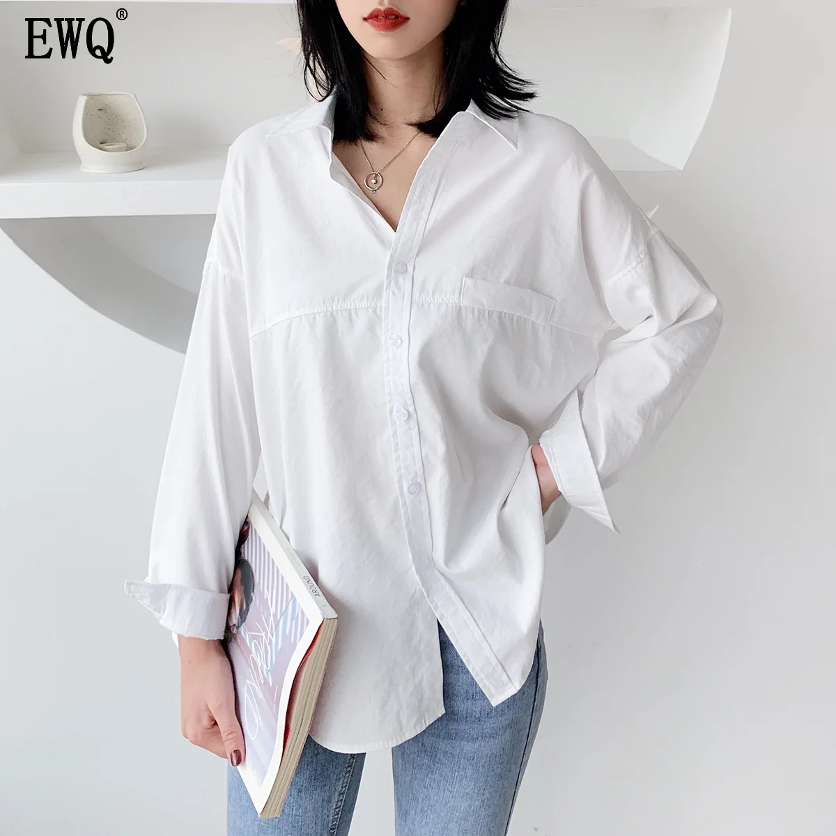 Фото Женская однобортная блузка EWQ с отложным воротником и длинным - купить