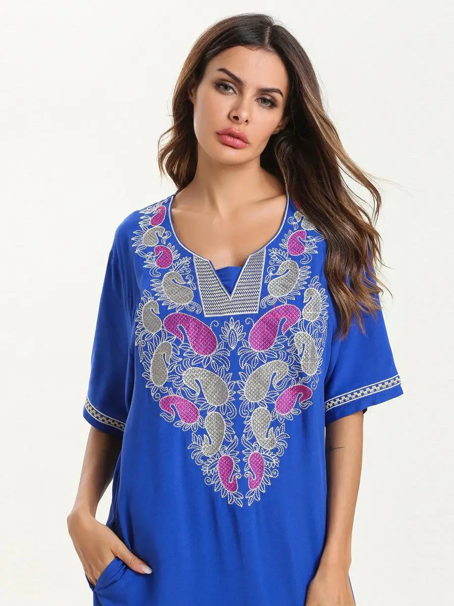 Ethnic Embroidery Women Dresses Short Sleeve Maxi Long Dress Female Muslim Casual Dress Pockets Loose Kaftan Islamic Robe Gown
Ethnic Embroidery Women Dresses Short Sleeve Maxi Long Dress Female Muslim Casual Dress Pockets Loose Kaftan Islamic Robe Gown