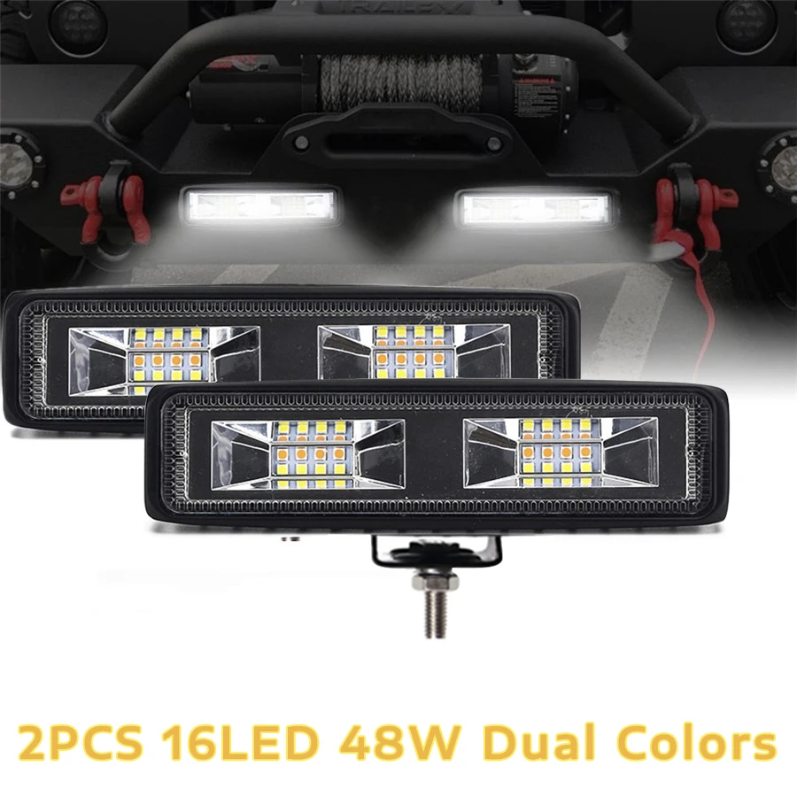 

2Pcs 6 inch 48W 16 LED Work Light Flood Beam Bar Car SUV OffRoad Driving Fog Lamps Flasher Amber & White