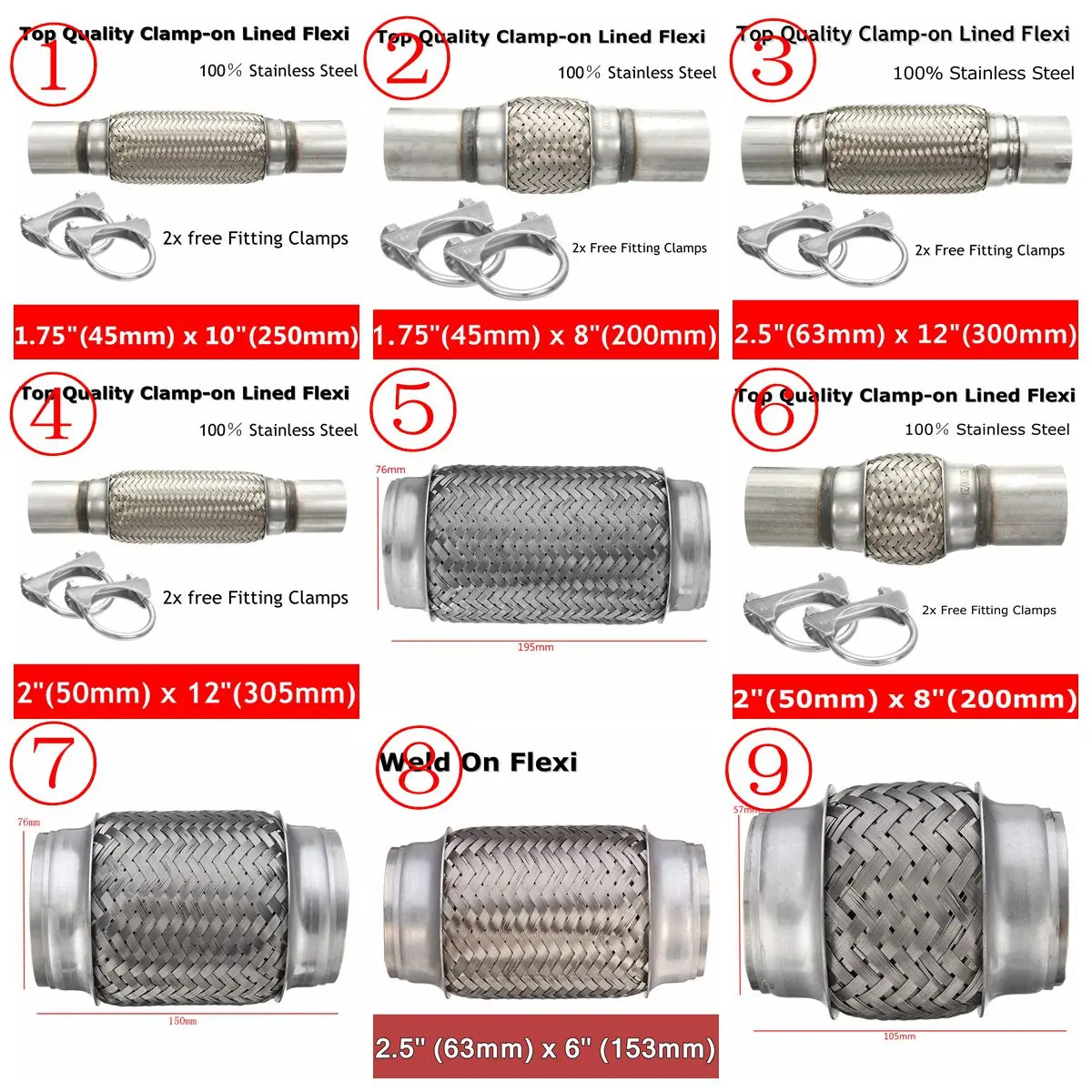 Stainless Exhaust Flex Tube Joint Flexi Repair Flexi pipe 300x63 50mm 250x45mm 200x76 50 46mm 150x76 63mm 100 57mm
Stainless Exhaust Flex Tube Joint Flexi Repair Flexi pipe 300x63 50mm 250x45mm 200x76 50 46mm 150x76 63mm 100 57mm
