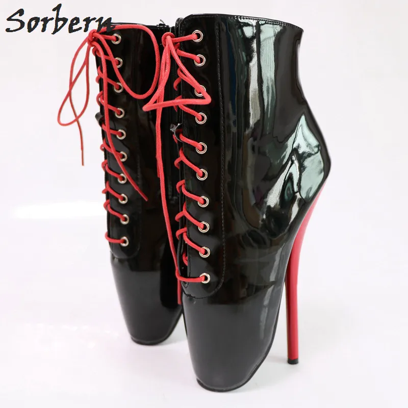 

Sorbern Sexy Black Extreme High Heel 18Cm Boots Ankle High Sexy Fetish Goth Ballet Heel Unisex Boot Lace Up Boots Black Shiny