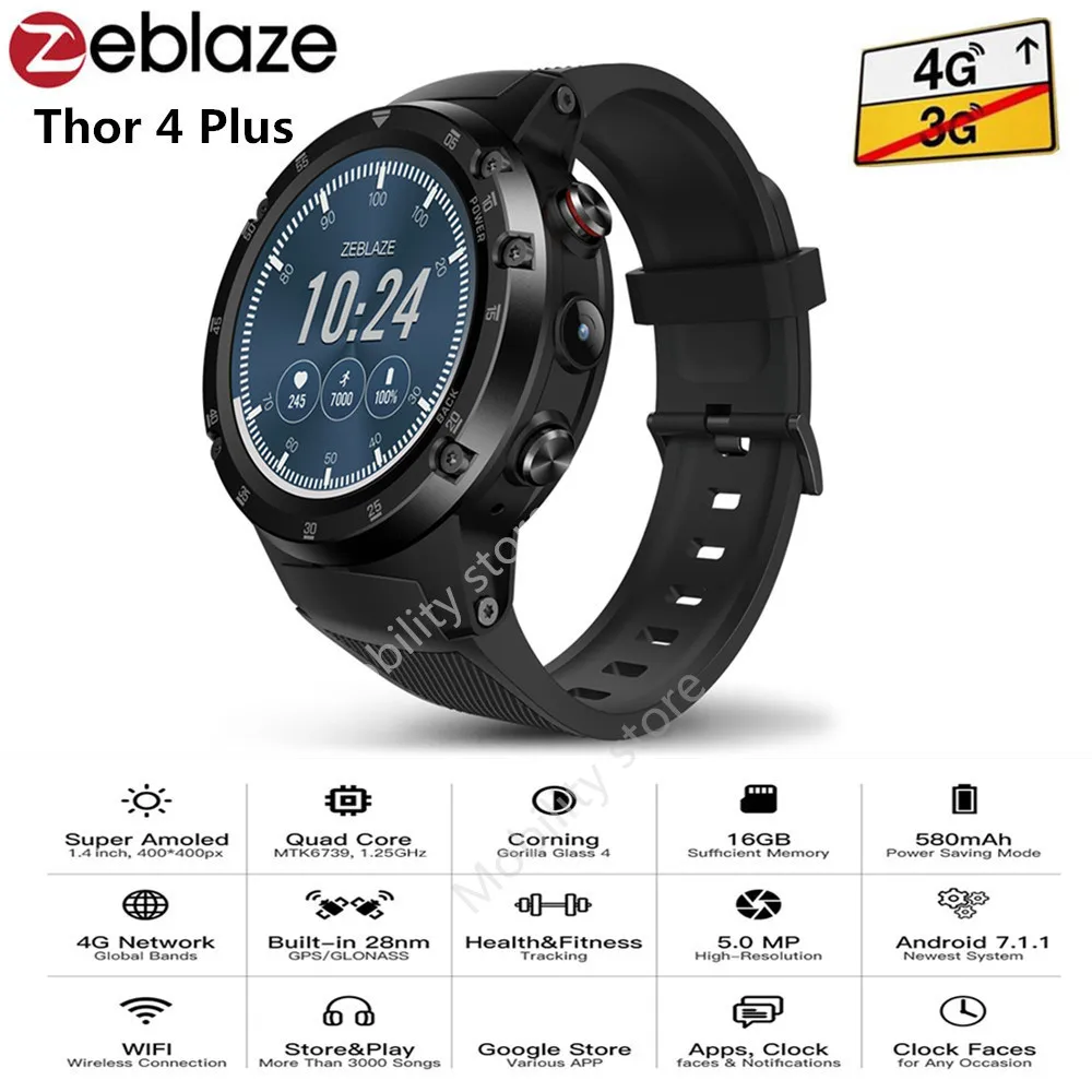 Zeblaze Тор 4 плюс 4G Smartwatch телефон 1 дюйма Android 7 MTK6739 ядра Смарт часы GB 16 5MP BT4.0 Камера