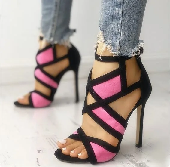 

Hot Sale Contrast Color Caged Bandage Heeled Sandals Mixed Patchwork Peep Toe Cut-out Ladies Dress Shoes Thin Heels Women Pumps