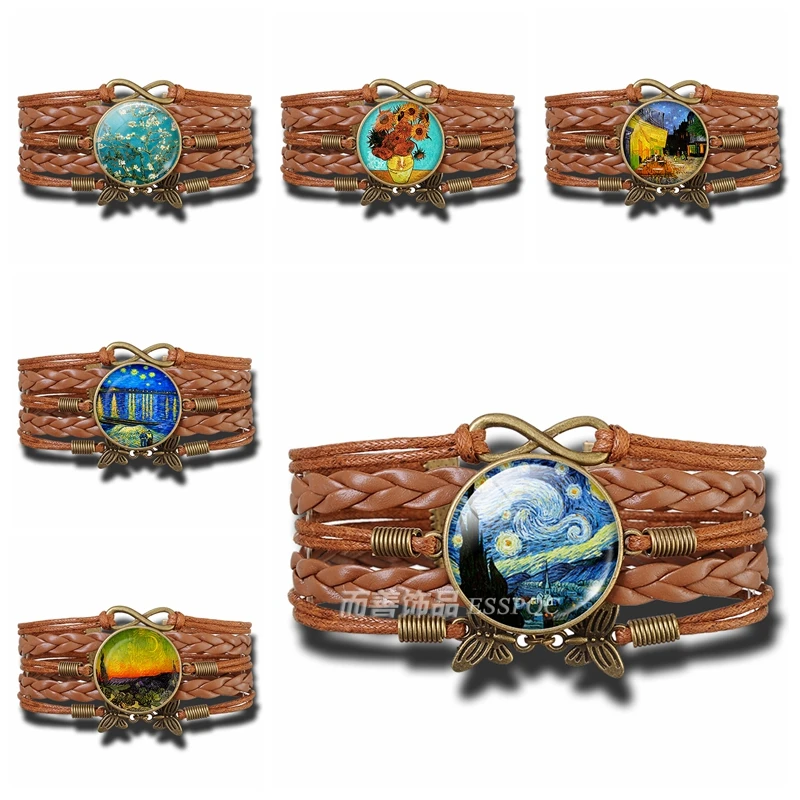 Van Gogh Art Painting Bracelet Starry Night Art Jewelry Brown Leather Bracelet Men Women Fashion Glass Dome Cabochon Chain Gift
Van Gogh Art Painting Bracelet Starry Night Art Jewelry Brown Leather Bracelet Men Women Fashion Glass Dome Cabochon Chain Gift