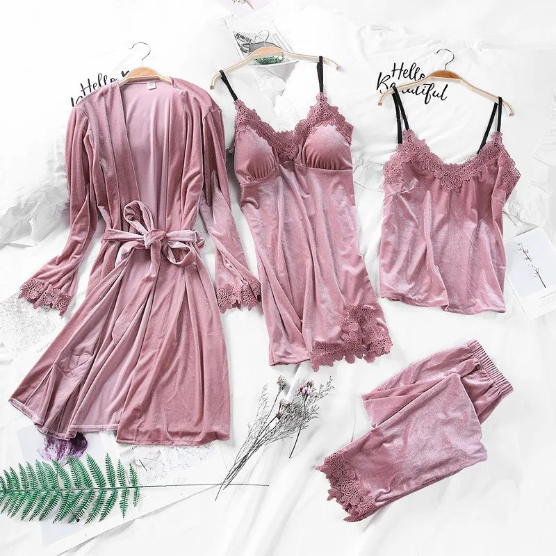 Gold Velvet 4 Peices Warm Pajamas Sets Women Sexy Lace Robe Pajamas Solid Winter Sleepwear Sleeveless Nightwear
Gold Velvet 4 Peices Warm Pajamas Sets Women Sexy Lace Robe Pajamas Solid Winter Sleepwear Sleeveless Nightwear