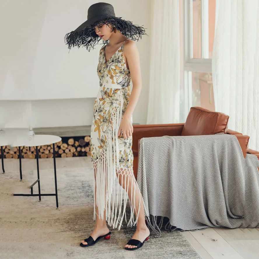 Женское вечернее платье с бахромой длинное праздничное жилет цветочным принтом