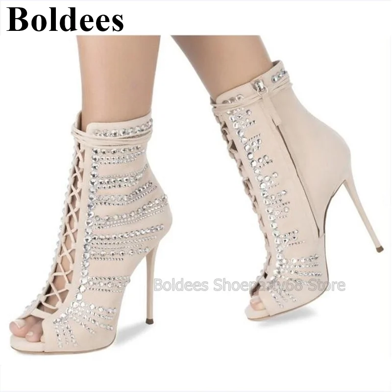 Bling Bling Silvery Crystal Decor Women Peep Toe Thin High Heel Ankle Boots Suede Leather Cross Tied Ladies Short Boot
Bling Bling Silvery Crystal Decor Women Peep Toe Thin High Heel Ankle Boots Suede Leather Cross Tied Ladies Short Boot