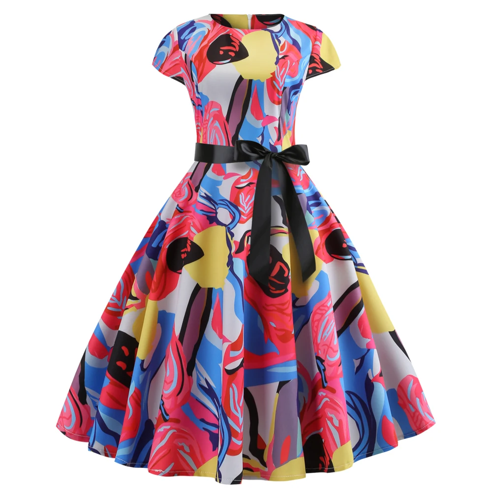 Retro Colorful Abstract Print Women Vintage Dress High Waist Belts 60s Rockabilly Party Vestidos de Festa Sundress | Женская одежда
