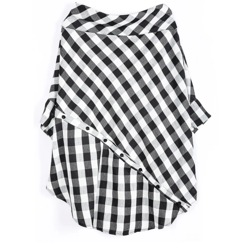 2020 Summer Women's New Slahs Neck Lattice Shirt Loose Large Size Personality Irregular Half Sleeve Blouse Tops Q442
2020 Summer Women's New Slahs Neck Lattice Shirt Loose Large Size Personality Irregular Half Sleeve Blouse Tops Q442