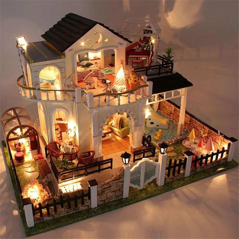 Miniature Music 3D Wooden Dollhouse Toy Model Simulation Villa Swimming Pool Doll House Furniture Kit With LED Light Dust Cover
Miniature Music 3D Wooden Dollhouse Toy Model Simulation Villa Swimming Pool Doll House Furniture Kit With LED Light Dust Cover