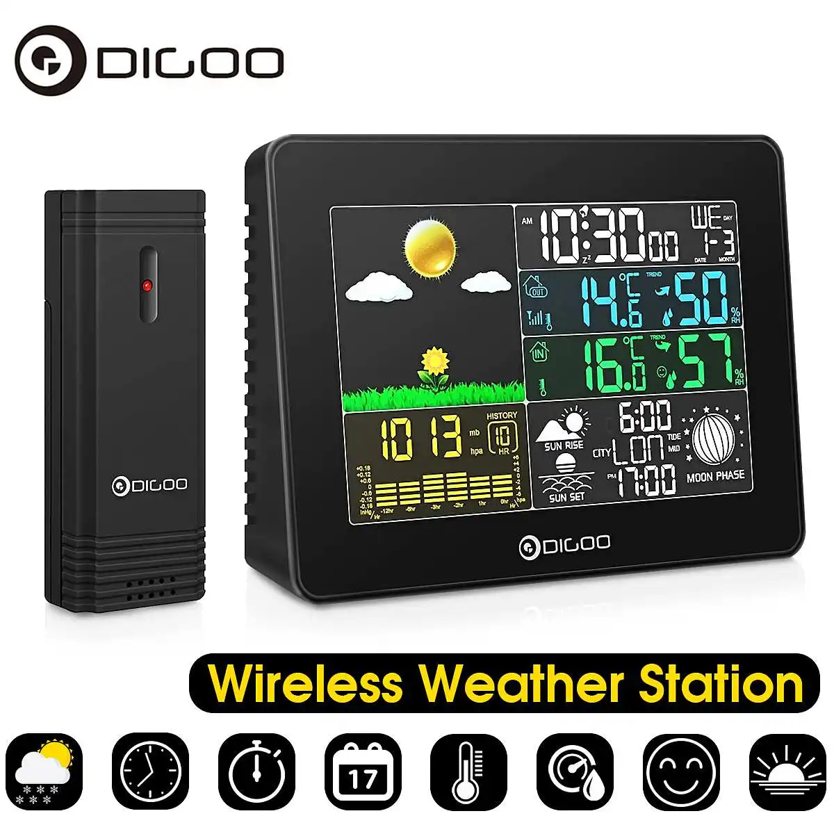 

Digoo DG-TH8868 Wireless Full-Color Digital Barometric Weather Station + Outdoor Forecast Sensor Hygrometer Thermometer Clock