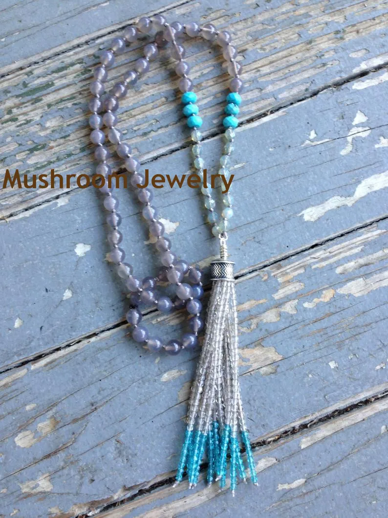 Gray Agates Beads Crystal Tassel Necklace Hand Knotted Turquoise Feacted Opal Stone Beads Necklace
Gray Agates Beads Crystal Tassel Necklace Hand Knotted Turquoise Feacted Opal Stone Beads Necklace