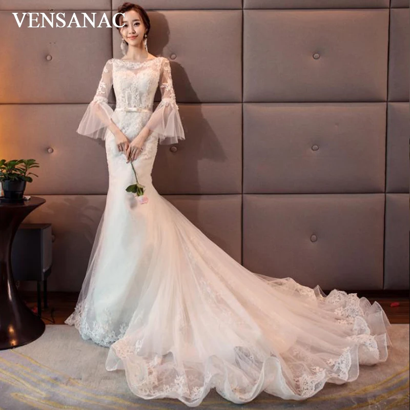 VENSANAC Illusion O Neck Lace Appliques Court Train Mermaid Wedding Dresses Bow Sash Flare Sleeve Backless Bridal Gowns
VENSANAC Illusion O Neck Lace Appliques Court Train Mermaid Wedding Dresses Bow Sash Flare Sleeve Backless Bridal Gowns
