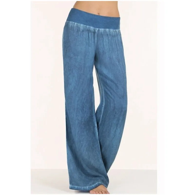 Женские джинсовые брюки свободные длинные с имитацией широких штанин и