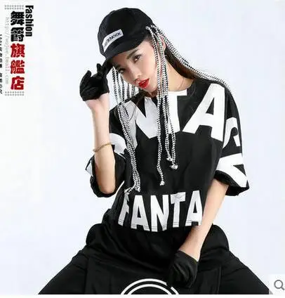 2017 New Fantasy Dance hip hop t-shirt Women Jazz costume novelty Ds performance wear Jazz Letter printing loose Black White top
2017 New Fantasy Dance hip hop t-shirt Women Jazz costume novelty Ds performance wear Jazz Letter printing loose Black White top