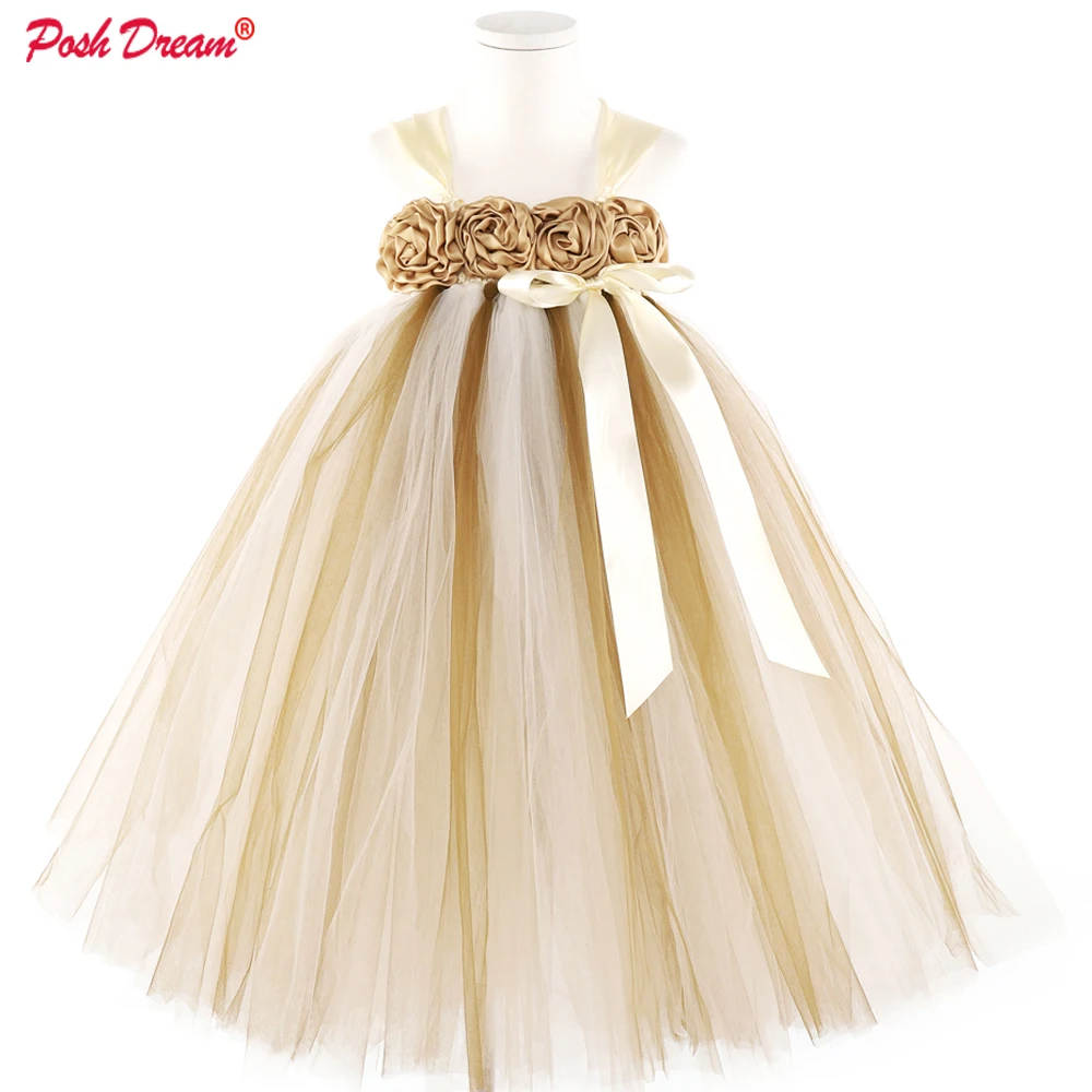 

POSH DREAM Brown Flower Girls Wedding Dresses for Party Ivory Cute Flower Children Birthday Clothes Floral Baby Tutu Dresses