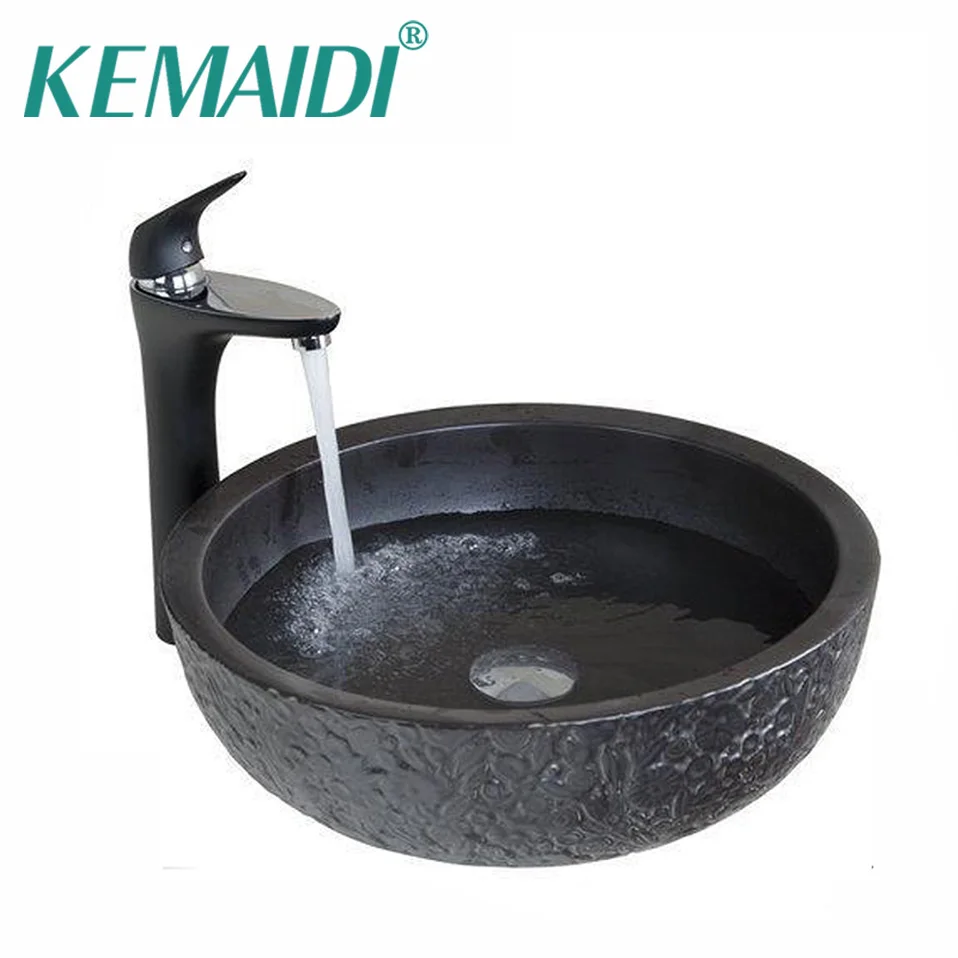

KEMAIDI New Bathroom Sink Washbasin Ceramics Hand-Painted+Basin Black Tap Lavatory Bath Combine Brass Set Tap Mixer Faucet