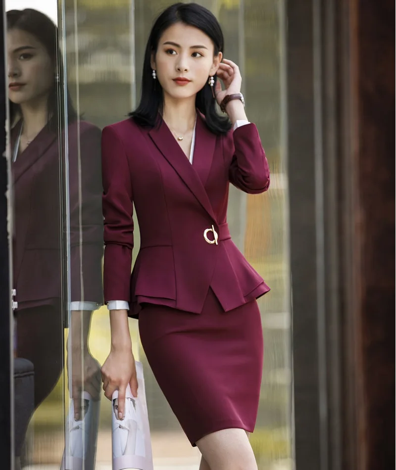 Ladies Office Uniform Designs Business Suits With Skirt and Tops Autumn Winter Fashion Wine Formal Work Wear Sets Blazer
Ladies Office Uniform Designs Business Suits With Skirt and Tops Autumn Winter Fashion Wine Formal Work Wear Sets Blazer
