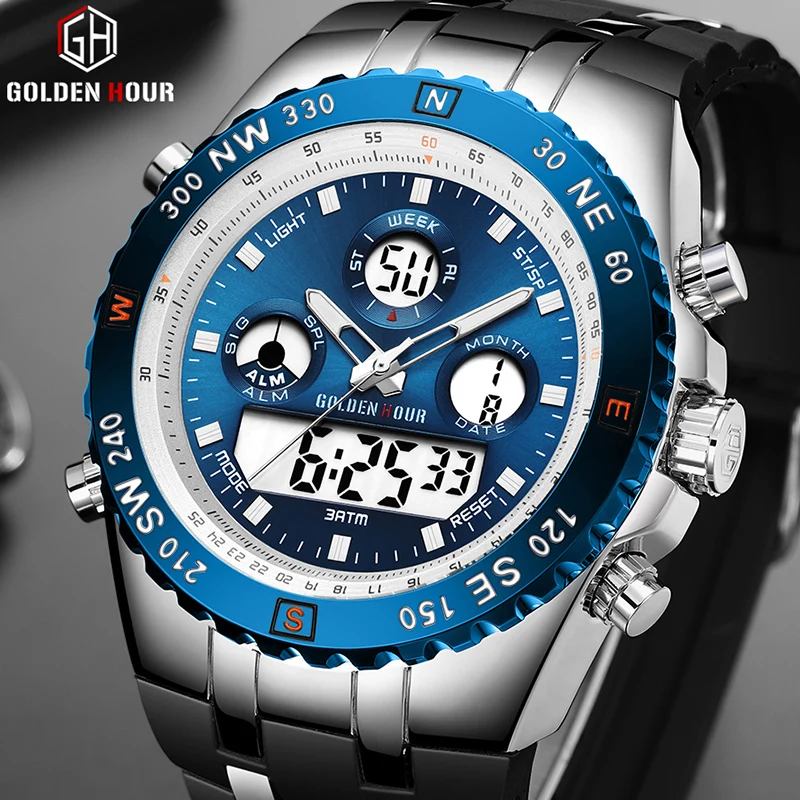 

Men Fashion Dual Display Outdoor Sports Watch GOLDENHOUR Top Brand Man Quartz WristWatch Casual Silicon Belts Male Clock Relogio