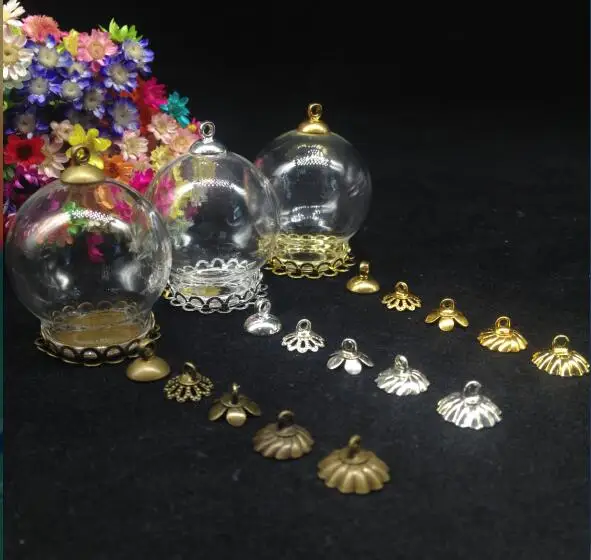 

500sets/lot 30*20mm Transparent glass globe DOUBLE LACE base beads cap glass vial pendant bottle dome terrarium vase diy jars