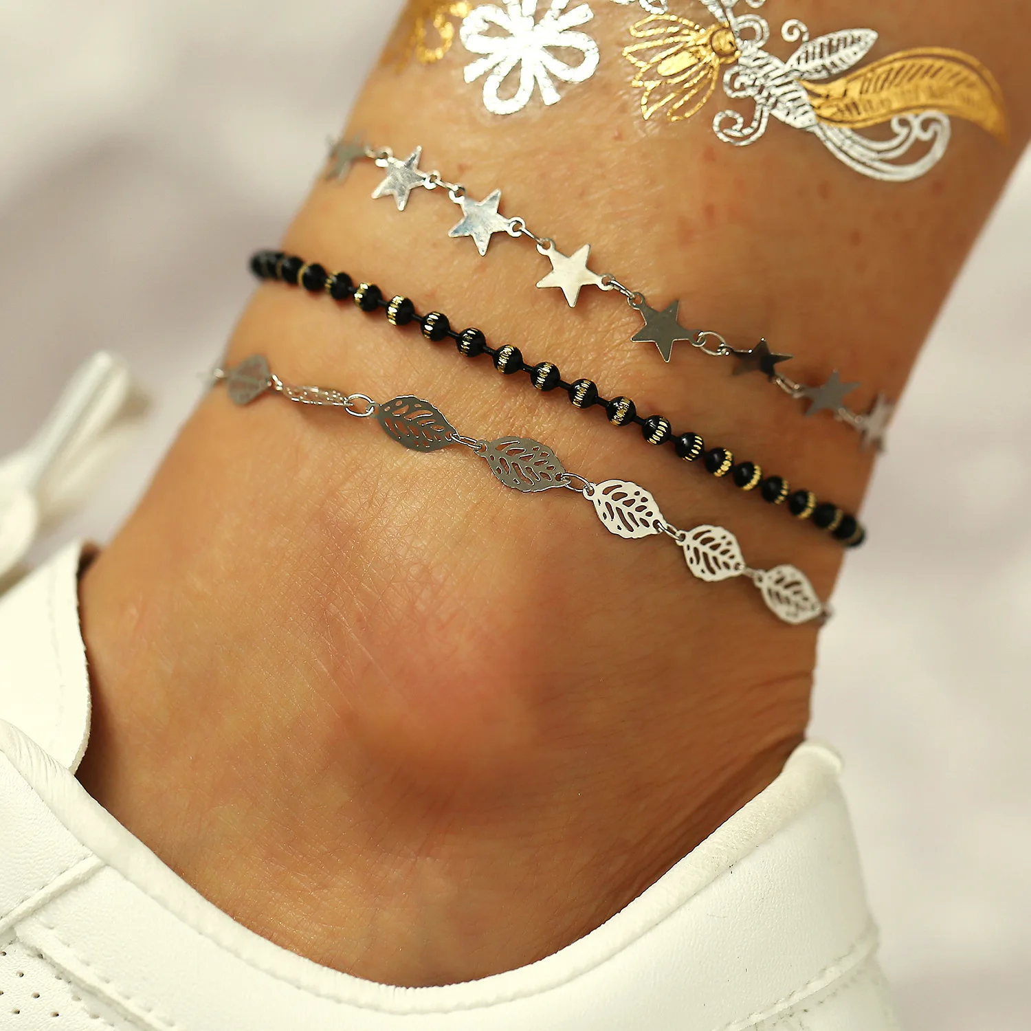 3 Pcs/set New Fashion Beach Silver Foot Anklets for Women Beads Star Leaf Pendant Chain Ankle Bracelets for Women
3 Pcs/set New Fashion Beach Silver Foot Anklets for Women Beads Star Leaf Pendant Chain Ankle Bracelets for Women