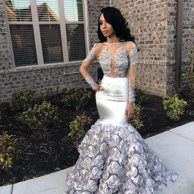 Silver African Mermaid Evening Dress 2019 New Rose Flower Skirt Long Sleeves Elegant Prom Dresses Abendkleider Robe de soiree
Silver African Mermaid Evening Dress 2019 New Rose Flower Skirt Long Sleeves Elegant Prom Dresses Abendkleider Robe de soiree