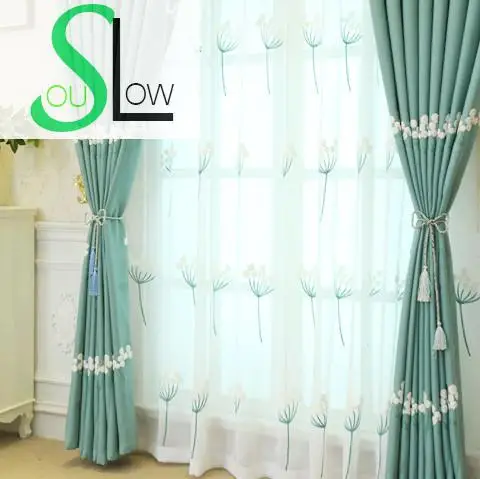 

Slow Soul Blue Pink Dandelion Cotton Curtain Embroidered Bedroom Living Kapok Pastoral Floral Curtains Tulle For Room Kitchen