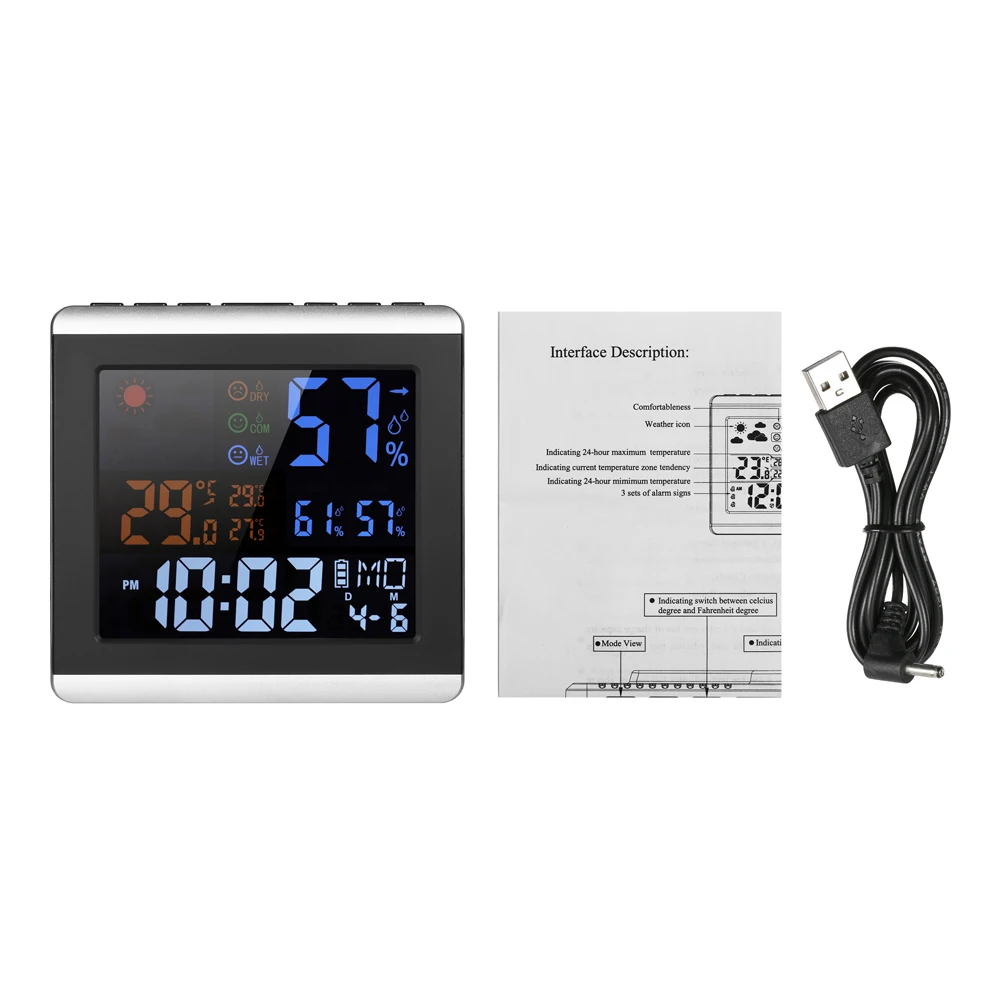 Digital Color Thermometer Hygrometer Weather station Clock LCD Indoor Temperature Humidity Meter Alarm Snooze Function Calendar
Digital Color Thermometer Hygrometer Weather station Clock LCD Indoor Temperature Humidity Meter Alarm Snooze Function Calendar