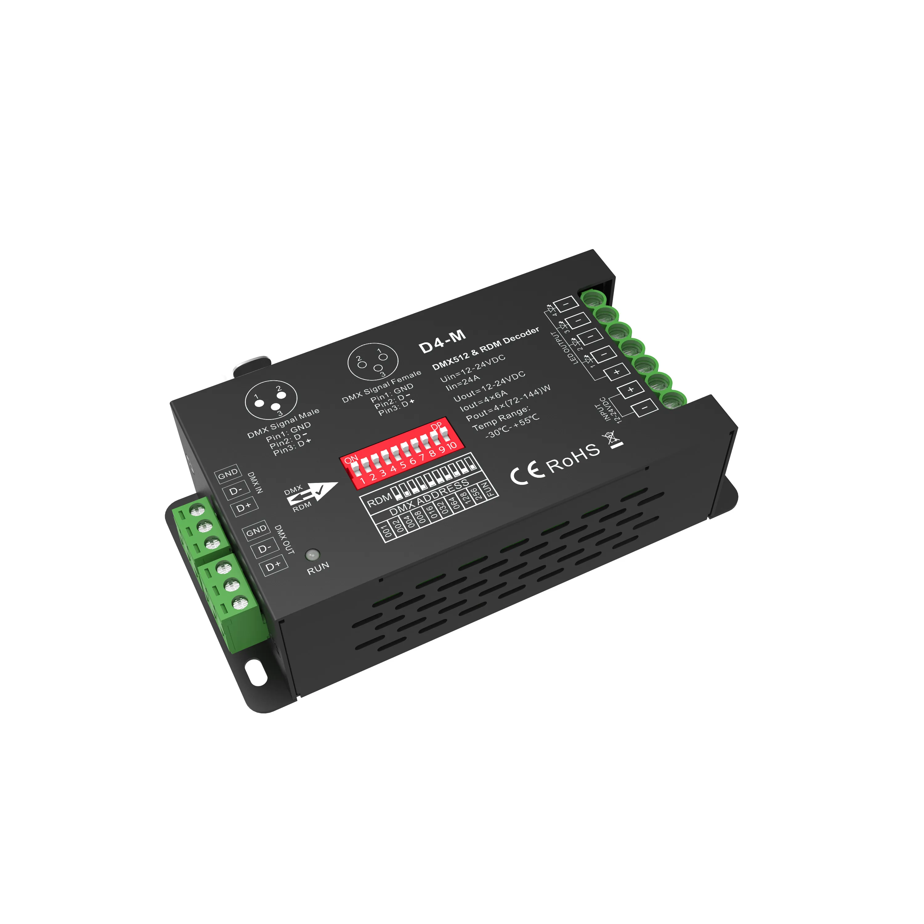 4 Channel Constant Voltage DMX512 & RDM Decoder;DC12-24V/RDM/DIP switch/XLR3 input /Logarithmic dimming
4 Channel Constant Voltage DMX512 & RDM Decoder;DC12-24V/RDM/DIP switch/XLR3 input /Logarithmic dimming