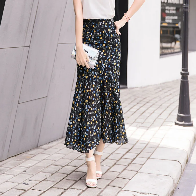 Летняя женская длинная шифоновая юбка средней длины с цветочным принтом и