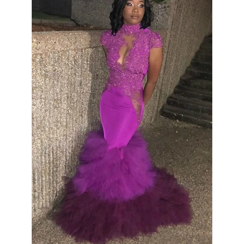 Purple Long Mermaid Prom Dresses 2023 New Short Sleeve Floor Length Tull Black Girl Lace Applique Formal Evening Party Gowns
Purple Long Mermaid Prom Dresses 2023 New Short Sleeve Floor Length Tull Black Girl Lace Applique Formal Evening Party Gowns