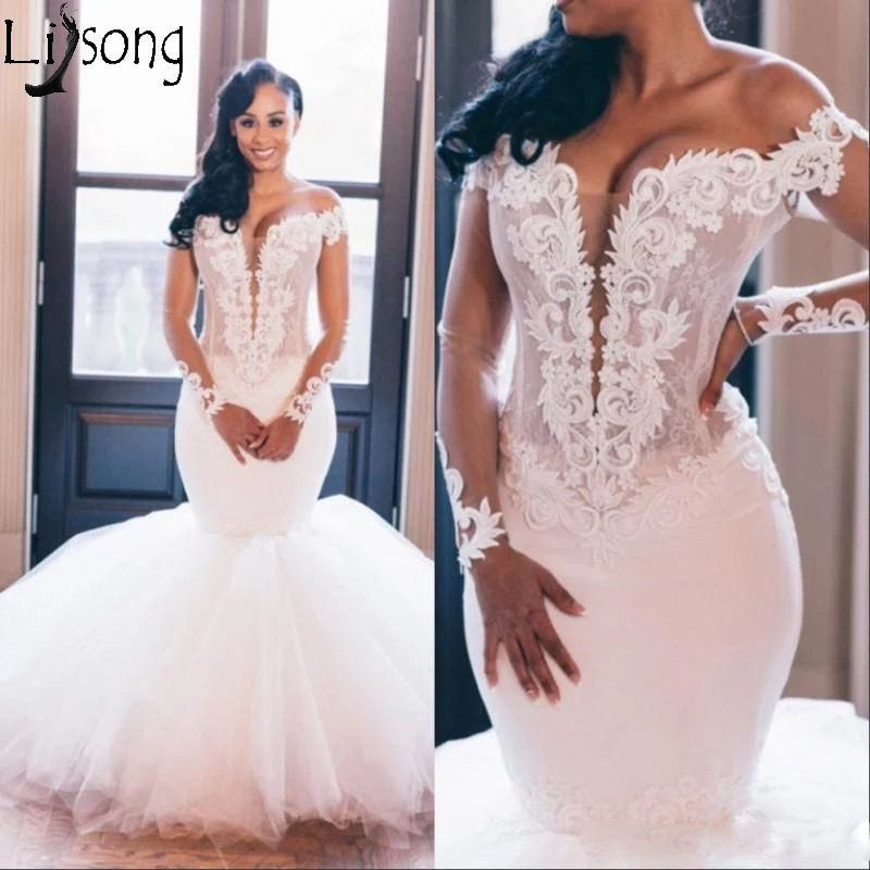 African Plus Size Wedding Dresses Sexy Mermaid Long Sleeve Backless Lace Off Shoulder Bridal Wedding Gowns Custom Made Vestidos
African Plus Size Wedding Dresses Sexy Mermaid Long Sleeve Backless Lace Off Shoulder Bridal Wedding Gowns Custom Made Vestidos