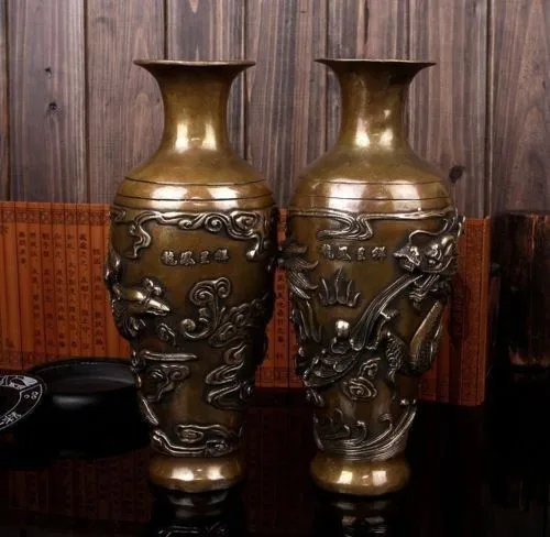 Copper Brass CHINESE crafts decoration 11" Chinese brass carved beautiful Lucky Dragon phoenix Vase Pair
Copper Brass CHINESE crafts decoration 11" Chinese brass carved beautiful Lucky Dragon phoenix Vase Pair