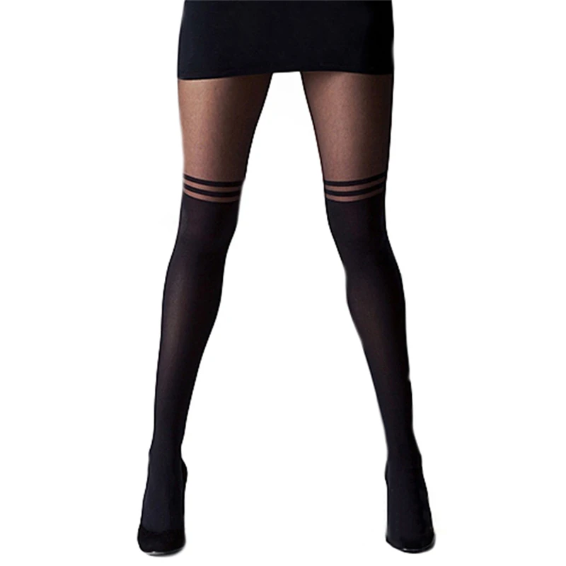 

Sexy Black Women Temptation Sheer Mock Suspender Tights Pantyhose Stockings Cool Mock Over The Knee Double Stripe Sheer Tights