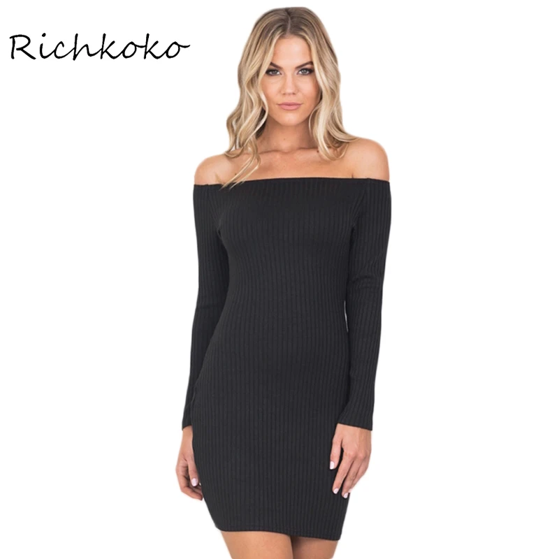 Richkoko Лето 2017 г. Black Solid Slim женское платье с открытыми плечами трикотажное мини