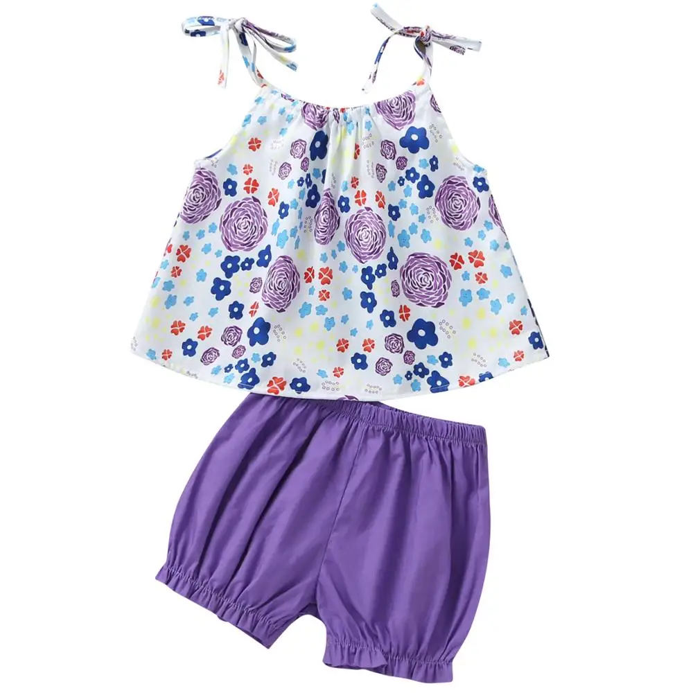 Фото Комплект одежды для маленьких девочек топ с цветочным принтом и короткие штаны