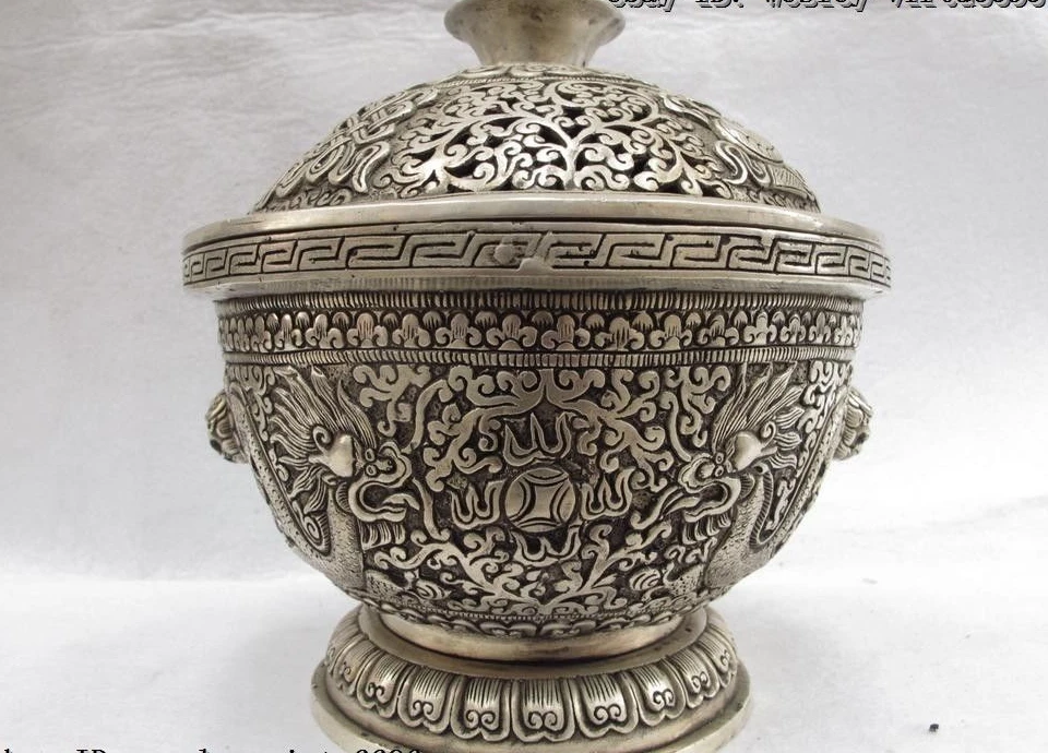 8 White Copper Silver Eight treasures Two Dragon Play Bead censer incense burner
8 White Copper Silver Eight treasures Two Dragon Play Bead censer incense burner