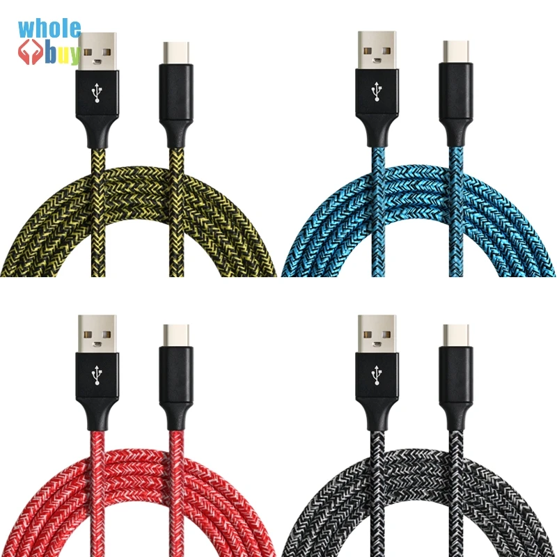 

300pcs/lot Wholesale Colorful Cloth Yarn Nylon Braided Micro 5pin Type C 8pin Data Sync Charger Cable for Iphone HTC LG 1m 2m 3m