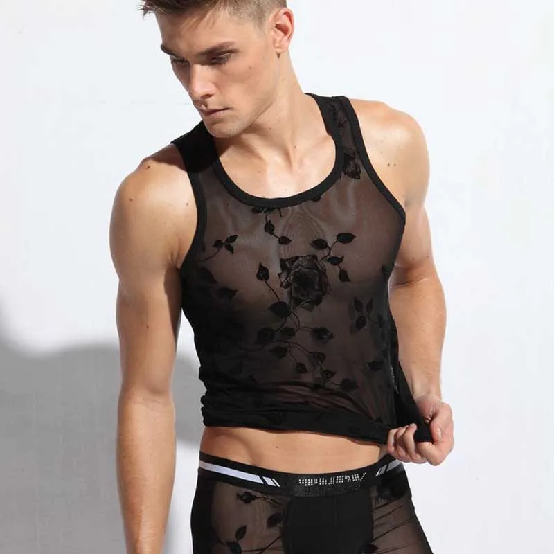 Летняя Прозрачная Кружевная футболка без рукавов 2016|men undershirt|sleeveless singletstyle tank tops |
