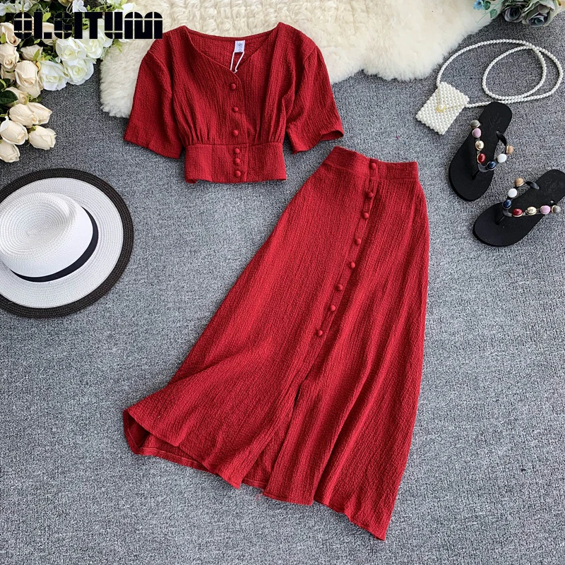 New Fashion Suit Solid Color Simple Single-Breasted Short-Sleeved Short Cropped Blouse Elastic Waist Skirt Two-Piece Sets WS158
New Fashion Suit Solid Color Simple Single-Breasted Short-Sleeved Short Cropped Blouse Elastic Waist Skirt Two-Piece Sets WS158